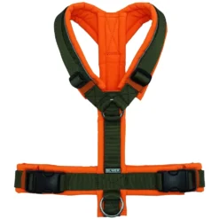 BUMER Hundegeschirr, gepolstert ohne geteilten Bruststeg, Größe M, Gurtband: Premium Wiesensalbei, Softshell: Neonorange, Ringe: Edelstahl, Paspel: grau (reflektierend))