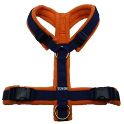 BUMER Hundegeschirr, gepolstert ohne geteilten Bruststeg, Größe M, Gurtband: navy, FLEECE: orange Ringe: goldfarbig