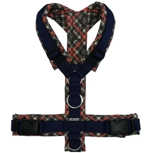 BUMER TARTANMOTIV Hundegeschirr, gepolstert ohne geteilten Bruststeg, Größe M, Gurtband: navy, Softshell: Diamond Dusk, Ringe: Edelstahl, Gummi: schwarz, Zusatzring Rückensteg