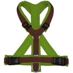 BUMER Hundegeschirr, gepolstert mit geteiltem Bruststeg, Größe L, Gurtband Standard rotbraun, Softshell Grannys Green, Ringe Edelstahl