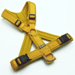 BUMER Hundegeschirr, gepolstert mit geteiltem Bruststeg, Größe S, Gurtband: PREMIUM Sunburst Yellow, Softshell: Ingwernektar, Ringe: goldfarbig