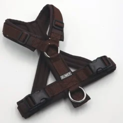 BUMER Hundegeschirr, gepolstert mit geteiltem Bruststeg, Größe XS, Gurtband PREMIUM X Chocolate Charm, Softshell Espresso, Ringe silberfarbig (Edelstahl)