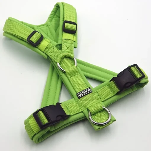 BUMER Hundegeschirr, gepolstert mit geteiltem Bruststeg, Größe XS, Gurtband hell-lime, Softshell Lime, Ringe silberfarbig (Edelstahl)