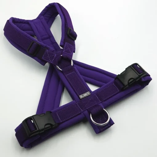 BUMER Hundegeschirr, gepolstert mit geteilten Bruststeg, Größe M, Gurtband PREMIUM X Twilight Plum, Softshell Lila-Viola, Ringe silberfarbig (Edelstahl)