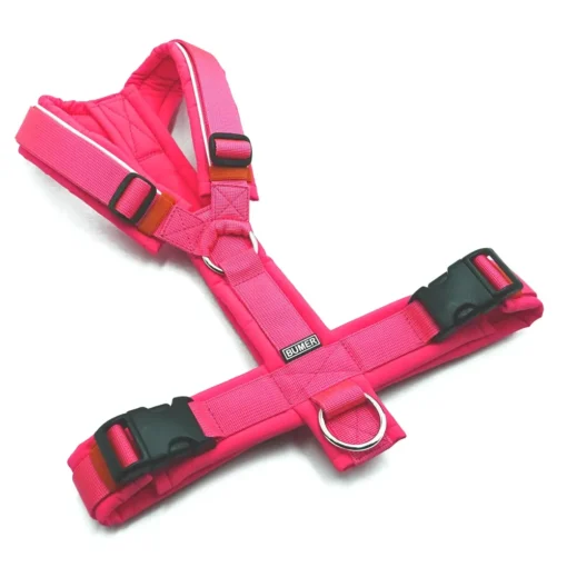 BUMER Hundegeschirr, gepolstert ohne geteilten Bruststeg, Größe M, Gurtband PREMIUM Vibrant Magenta, Softshell Neonpink, Ringe silberfarbig (Edelstahl)