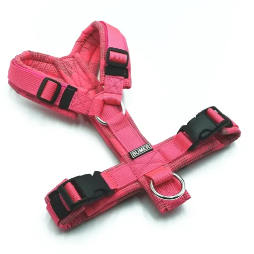 BUMER Hundegeschirr, gepolstert ohne geteilten Bruststeg, Größe XS, Gurtband PREMIUM Vibrant Magenta, Softshell CAMOU-REFLEX Neonpink, Ringe silberfarbig (Edelstahl)