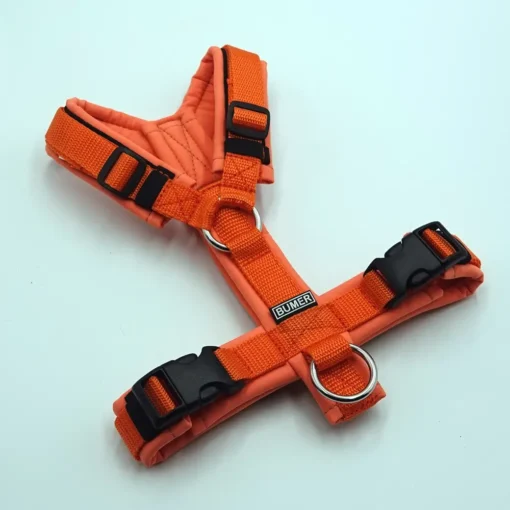 BUMER Hundegeschirr, gepolstert ohne geteilten Bruststeg, Größe XS, Gurtband orange, Softshell Bubblegum, Ringe silberfarbig (Edelstahl), Paspel schwarz