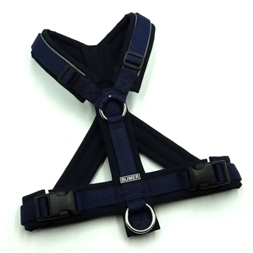 BUMER Hundegeschirr, gepolstert mit geteiltem Bruststeg, Größe S, Gurtband navy, Softshell Navy, Ringe silberfarbig (Edelstahl), Paspel grau (reflektierend)