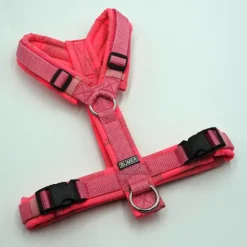 BUMER Hundegeschirr, gepolstert ohne geteilten Bruststeg, Größe S, Gurtband dunkelpink, Softshell CAMOU Reflex Pink, Ringe silberfarbig (Edelstahl), Paspel Pastellbeerenrosa