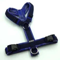 BUMER Hundegeschirr, gepolstert ohne geteilten Bruststeg, Größe S, Gurtband navy, Softshell Camou Reflex blau, Ringe silberfarbig (Edelstahl), Paspel Dämmerungsblau