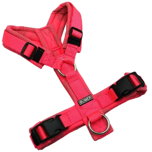 BUMER Hundegeschirr, gepolstert ohne geteilten Bruststeg, Größe XS, Gurtband PREMIUM Vibrant Magenta, Softshell CAMOU-REFLEX Neonpink, Ringe silberfarbig (Edelstahl)