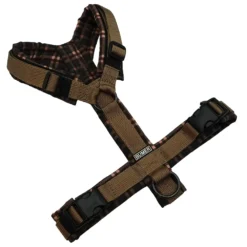 BUMER Hundegeschirr, gepolstert ohne geteilten Bruststeg, Größe S, Gurtband PREMIUM Caramel Rust, Softshell Chesnut Plaid (TARTANMOTIVE), Ringe schwarz (Edelstahl), Paspel schwarz