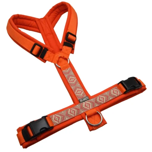 BUMER BOHO Hundegeschirr, gepolstert ohne geteilten Bruststeg, Größe L, Gurtband Orange, Softshell Kürbisorange, Ringe silberfarbig (Edelstahl)