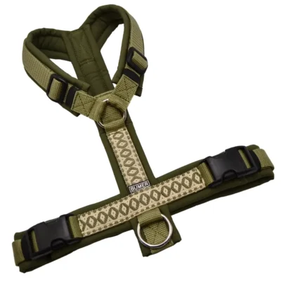 BUMER BOHO Hundegeschirr, gepolstert ohne geteilten Bruststeg, Größe M, Gurtband Moos, Softshell Olive, Ringe silberfarbig (Edelstahl)
