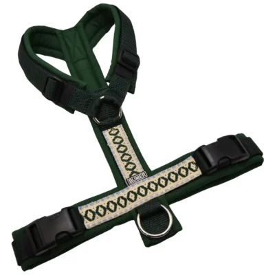 BUMER BOHO Hundegeschirr, gepolstert ohne geteilten Bruststeg, Größe M, Gurtband PREMIUM X Dunkelgrün, Softshell Smaragdgrün, Ringe silberfarbig (Edelstahl)