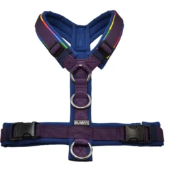 BUMER Hundegeschirr, gepolstert ohne geteilten Bruststeg, Größe S, Gurtband PREMIUM Midnight Plum, Softshell Twilight blau, Ringe silberfarbig (Edelstahl), Applikation, Zusatzring Rückensteg