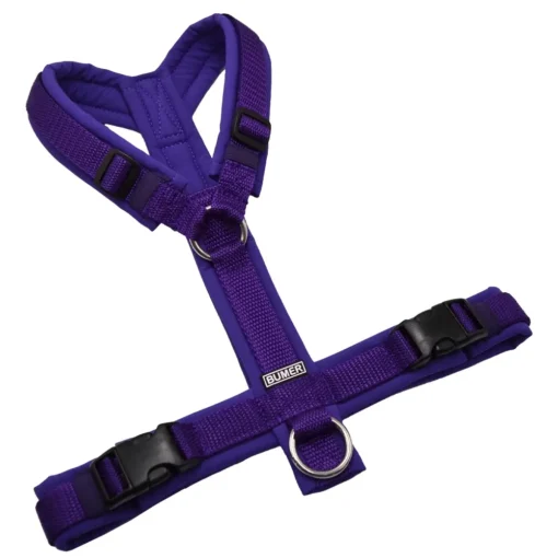 BUMER Hundegeschirr, gepolstert ohne geteilten Bruststeg, Zwischengröße S M, Gurtband PREMIUM X Twilight Plum, Softshell Lila-Viola, Ringe silberfarbig (Edelstahl)