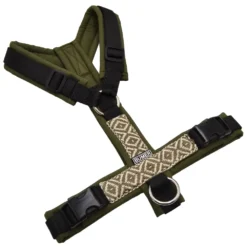 BUMER BOHO Hundegeschirr, gepolstert ohne geteilten Bruststeg, Grösse S, Gurtband PREMIUM Pitch Black, Softshell Olive, Ringe silberfarbig (Edelstahl), Schnallen DURAFLEX®
