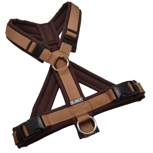 BUMER Hundegeschirr, gepolstert mit geteiltem Bruststeg, Größe S, Gurtband PREMIUM Caramel Rust, Softshell Espresso, Ringe silberfarbig (Edelstahl)