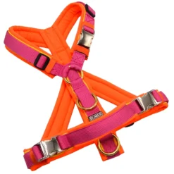 BUMER Hundegeschirr, gepolstert mit geteiltem Bruststeg, Grösse S, Gurtband PREMIUM Himbeer Sorbet, Softshell Neonorange, Ringe Aluminium, Zusatzring mit vielen Extras