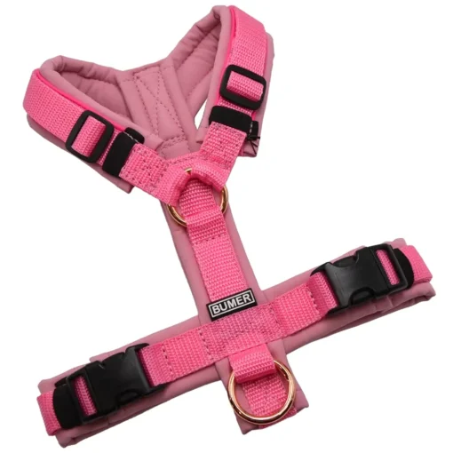 BUMER Hundegeschirr, gepolstert ohne geteilten Bruststeg, Größe XS, Gurtband Dunkelpink, Softshell Rosenquarz, Ringe rosegoldfarbig, Paspel neonpink