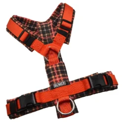 BUMER Hundegeschirr, gepolstert ohne geteilten Bruststeg, Größe XS, Gurtband PREMIUM Scarlett Essence, Softshell Noir Nectar (Tartanmotive), Ringe silberfarbig (Edelstahl), Applikation