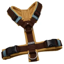 BUMER Hundegeschirr, gepolstert ohne geteilten Bruststeg, Größe XS, Gurtband PREMIUM X Chocolate Charm, Softshell Curry, Ringe silberfarbig (Edelstahl)