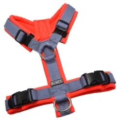 BUMER Hundegeschirr, gepolstert ohne geteilten Bruststeg, Größe XS, Gurtband Titan, Softshell Neonrot, Ringe silberfarbig (Edelstahl)