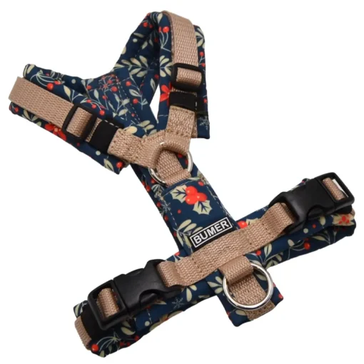 BUMER Hundegeschirr, gepolstert ohne geteilten Bruststeg, Größe XXS, Gurtband Beige, Softshell Weihnachten #7, Ringe silberfarbig (Edelstahl), Applikation