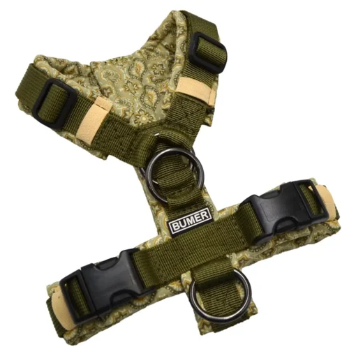 BUMER Hundegeschirr, gepolstert ohne geteilten Bruststeg, Größe XXS, Gurtband PREMIUM Wiesen Salbei, Softshell BOHO #3, Ringe schwarz (Edelstahl), Zusatzring Rückensteg