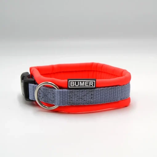 BUMER Steckhalsband, Hundehalsband für Hunde, gepolstert, Halsumfang 27-33 cm, Gurtband Titan, Softshell Neonrot, Ring silberfarbig (Edelstahl)