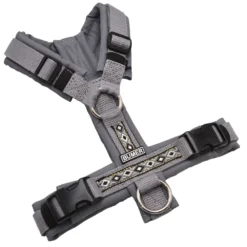 BUMER1000 BOHO Hundegeschirr, gepolstert ohne geteilten Bruststeg, Größe XS, Gurtband Mausgrau, Softshell GRAUTÖNE (LG-9655), Ringe silberfarbig (Edelstahl), Schnallen DURAFLEX®