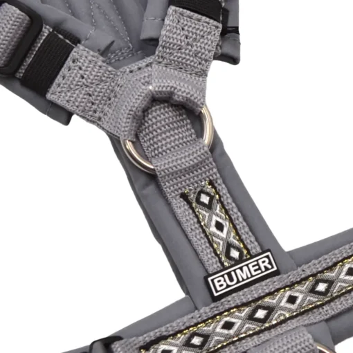 BUMER1000 BOHO Hundegeschirr, gepolstert ohne geteilten Bruststeg, Größe XS, Gurtband Mausgrau, Softshell GRAUTÖNE (LG-9655), Ringe silberfarbig (Edelstahl), Schnallen DURAFLEX®