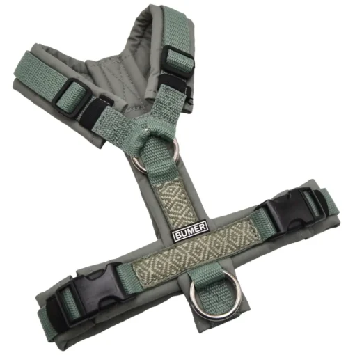 BUMER1000 BOHO Hundegeschirr, gepolstert ohne geteilten Bruststeg, Größe XS, Gurtband Salbei, Softshell GRAUTÖNE (LG-4665), Ringe silberfarbig (Edelstahl), Schnallen DURAFLEX®