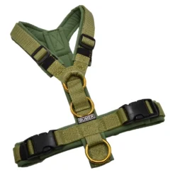 BUMER Hundegeschirr, gepolstert ohne geteilten Bruststeg, Größe XS, Gurtband: Moos, Softshell: Cactus Green, Ringe: goldfarbig, Zusatzring, schmale Polsterung
