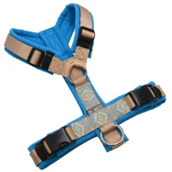 BUMER BOHO Hundegeschirr, gepolstert ohne geteilten Bruststeg, Größe XS, Gurtband PREMIUM Soft Beige, Softshell Himmelblau, Ringe silberfarbig (Edelstahl), Schnallen DURAFLEX®
