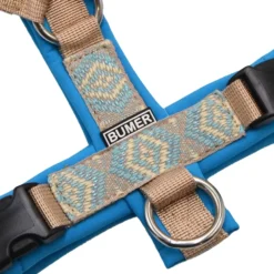 BUMER BOHO Hundegeschirr, gepolstert ohne geteilten Bruststeg, Größe XS, Gurtband PREMIUM Soft Beige, Softshell Himmelblau, Ringe silberfarbig (Edelstahl), Schnallen DURAFLEX®