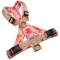 BUMER Hundegeschirr, gepolstert mit geteiltem Bruststeg, Größe M, Gurtband PREMIUM Soft Beige, Softshell Bonbonblume (AQUARELLBLUMEN), Ringe goldfarbig, Applikation
