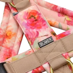 BUMER Hundegeschirr, gepolstert mit geteiltem Bruststeg, Größe M, Gurtband PREMIUM Soft Beige, Softshell Bonbonblume (AQUARELLBLUMEN), Ringe goldfarbig, Applikation