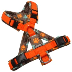 BUMER Hundegeschirr, gepolstert mit geteiltem Bruststeg, Größe XS, Gurtband Orange, Softshell Pfotentrio, Ringe silberfarbig (Edelstahl), Schnallen DURAFLEX®
