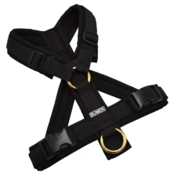 BUMER Hundegeschirr, gepolstert mit geteiltem Bruststeg, Größe XS, Gurtband PREMIUM Pitch Black, Softshell Schwarz, Ringe goldfarbig, Schnallen DURAFLEX®