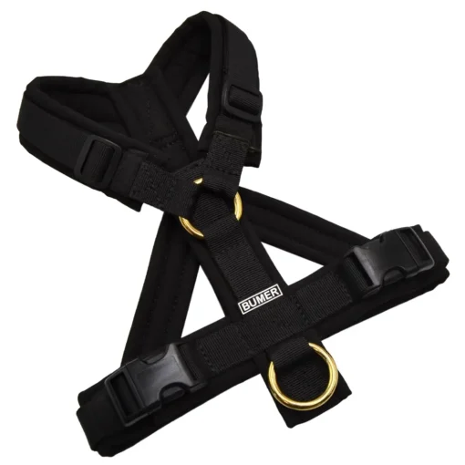 BUMER Hundegeschirr, gepolstert mit geteiltem Bruststeg, Größe XS, Gurtband PREMIUM Pitch Black, Softshell Schwarz, Ringe goldfarbig, Schnallen DURAFLEX®
