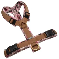 BUMER Hundegeschirr, gepolstert ohne geteilten Bruststeg, Größe M, Gurtband PREMIUM Caramel Rust, Softshell Mauve Memento (AQUARELLBLUMEN), Ringe goldfarbig, Schnallen DURAFLEX®
