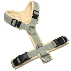 BUMER Hundegeschirr, gepolstert ohne geteilten Bruststeg, Größe XS, Gurtband Helles Salbei, Softshell Champagne, Ringe silberfarbig (Edelstahl), Schnallen schwarz DURAFLEX®