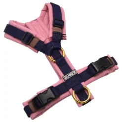 BUMER Hundegeschirr, gepolstert ohne geteilten Bruststeg, Größe XXS, Gurtband Dunkel Navy, Softshell Rosenquarz, Ringe goldfarbig, Schnallen DURAFLEX®