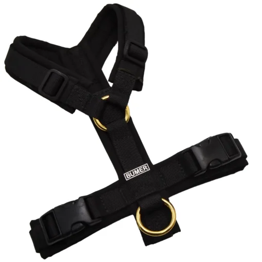 BUMER Hundegeschirr, gepolstert ohne geteilten Bruststeg, Größe XXS, Gurtband PREMIUM Pitch Black, Softshell Schwarz, Ringe goldfarbig