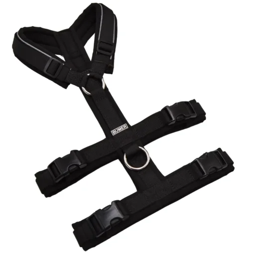 BUMER Sicherheitsgeschirr, gepolstert ohne geteilten Bruststeg, Größe S, Gurtband PREMIUM Pitch Black, Softshell Schwarz, Ringe silberfarbig (Edelstahl), Schnallen DURAFLEX®