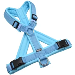 BUMER1000 Hundegeschirr, gepolstert mit geteiltem Bruststeg, Größe M, Gurtband Eisblau, Softshell CY-8151 (CYANTÖNE), Ringe silberfarbig (Edelstahl), Schnallen DURAFLEX®