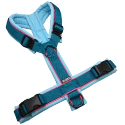 BUMER1000 Hundegeschirr, gepolstert ohne geteilten Bruststeg, Größe M, Gurtband: PREMIUM X Petrol, Softshell: CY-8151 (CYANTÖNE), Ringe: schwarz (Edelstahl), Schnallen: DURAFLEX®, Paspel: neonpink (komplett)