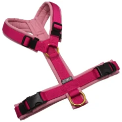 BUMER Hundegeschirr, gepolstert ohne geteilten Bruststeg, Größe S, Gurtband PREMIUM Fuchsia Flare, Softshell Rosenquarz, Ringe goldfarbig, Schnallen schwarz (DURAFLEX®)